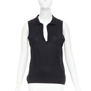 Chanel black CC logo sleeveless white trim knit polo top